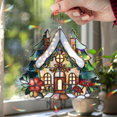 Cottage House Acrylic Suncatcher, Stained Glass Style Fairy Home Decor, Christmas Window Hanging, Cozy Woodland Gift for Home